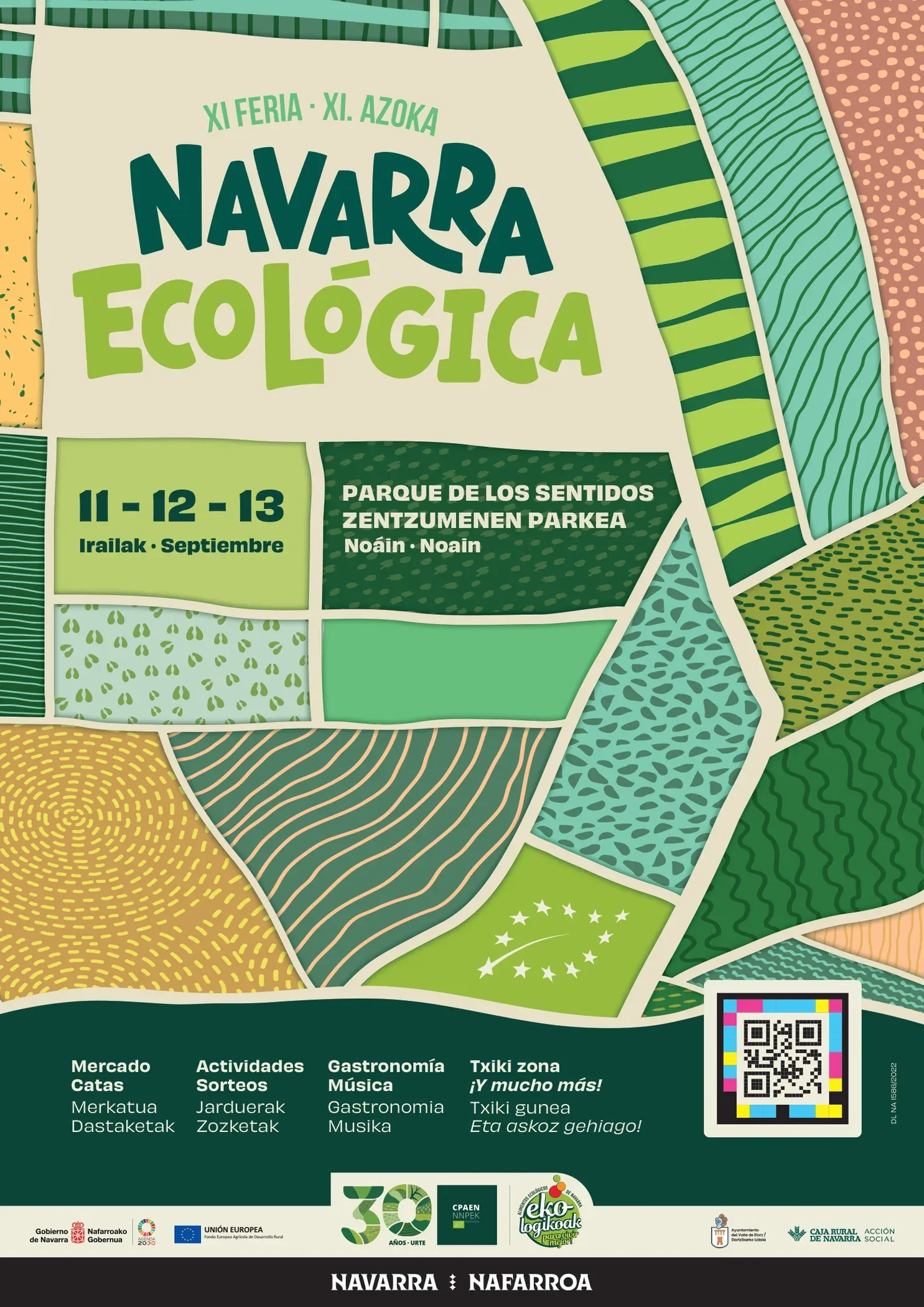 Cartel de la XI Feria Navarra Ecológica con el sistema gráfico de parcelas ilustradas