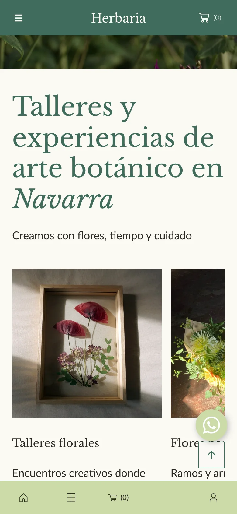 Talleres y experiencias en móvil, con la barra de navegación inferior